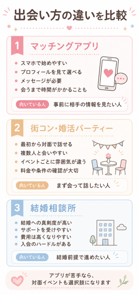 マッチングアプリ・結婚相談所・街コンの違い比較表