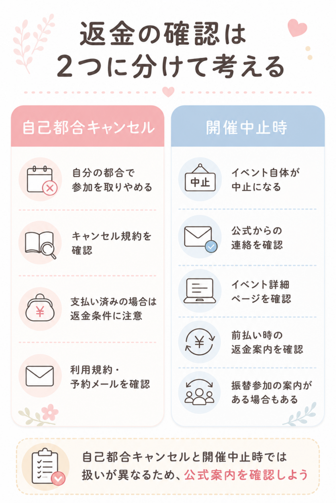 自己都合キャンセルと開催中止時の返金の違い